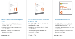 Tarifs Office 2016 petites entreprises