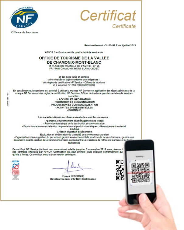 L’Office de tourisme de la Vallée de Chamonix-Mont-Blanc est le premier organisme à bénéficier du QR Code pour sa certification NF Service qui vient d’être renouvelée.