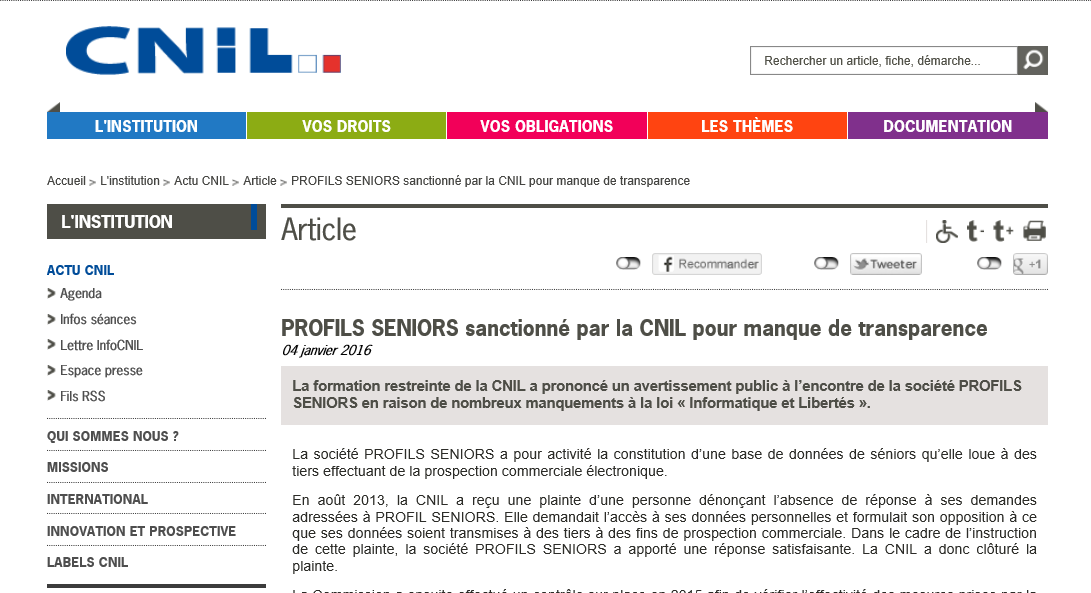 L'annonce de l'avertissement public sur le site de la Cnil en ligne