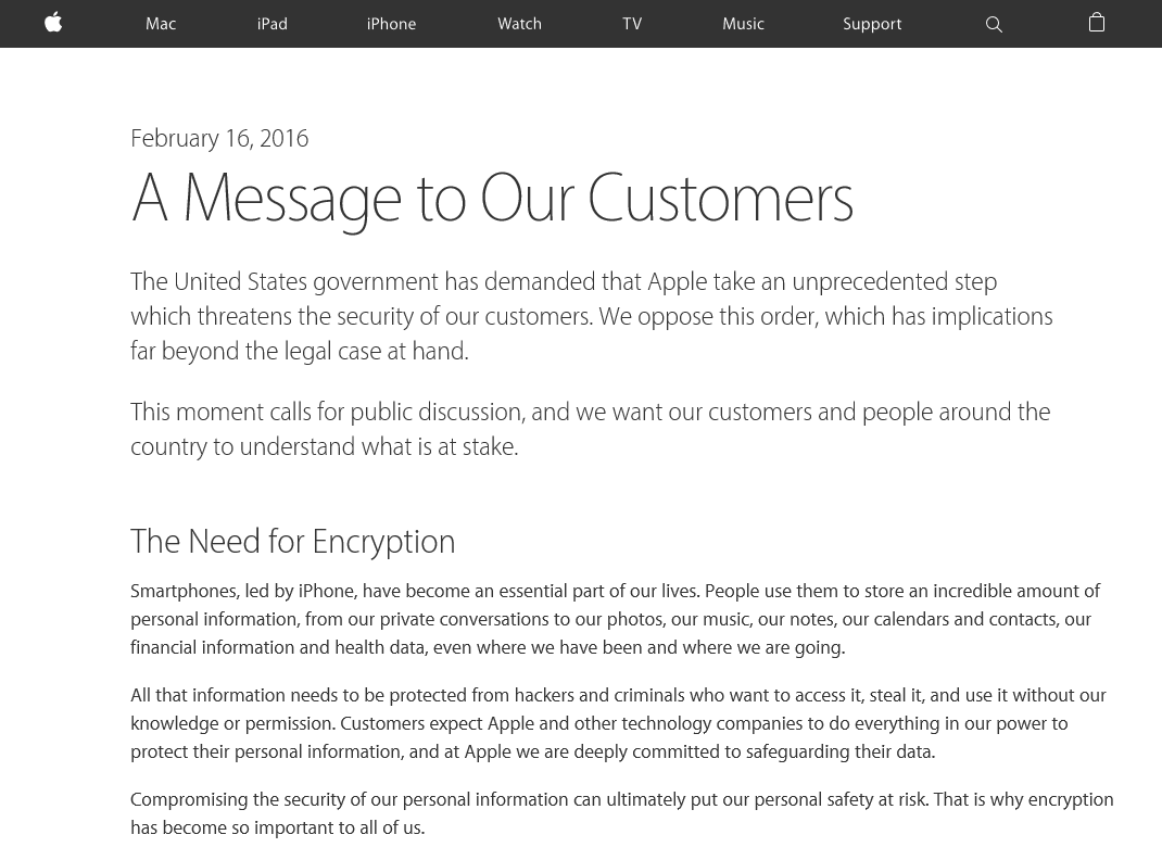 Le début de la lettre de Tim Cook disponible en ligne