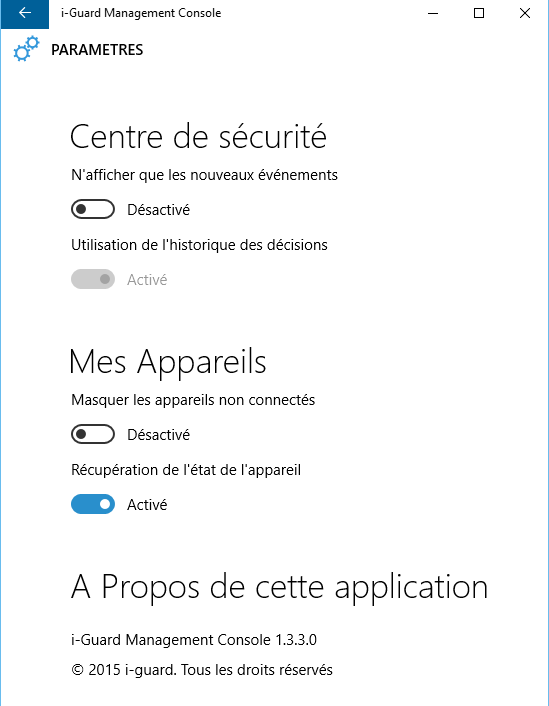 Paramètres de la console de management