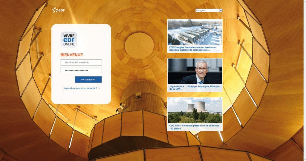 Page d’accueil de l’Intranet Vivre EDF Online depuis un ordinateur qui n’est pas un poste de travail du groupe.