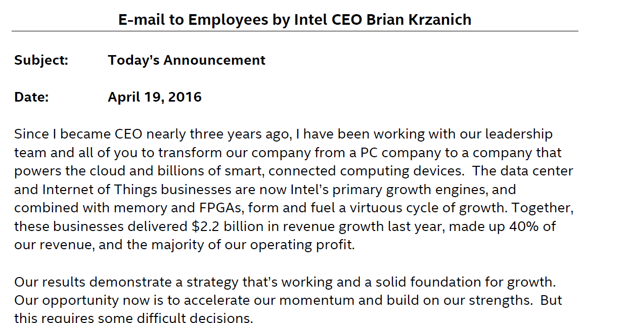Intel Lettre CEO Brian Krzanich