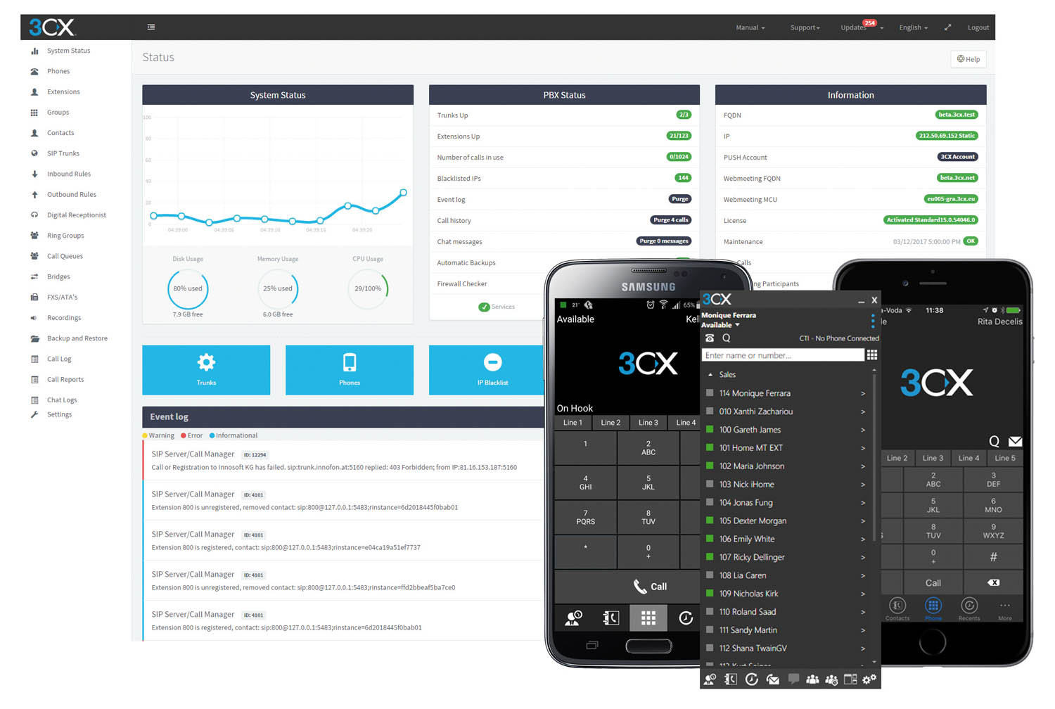 Console d'administration 3CX - clients smartphones