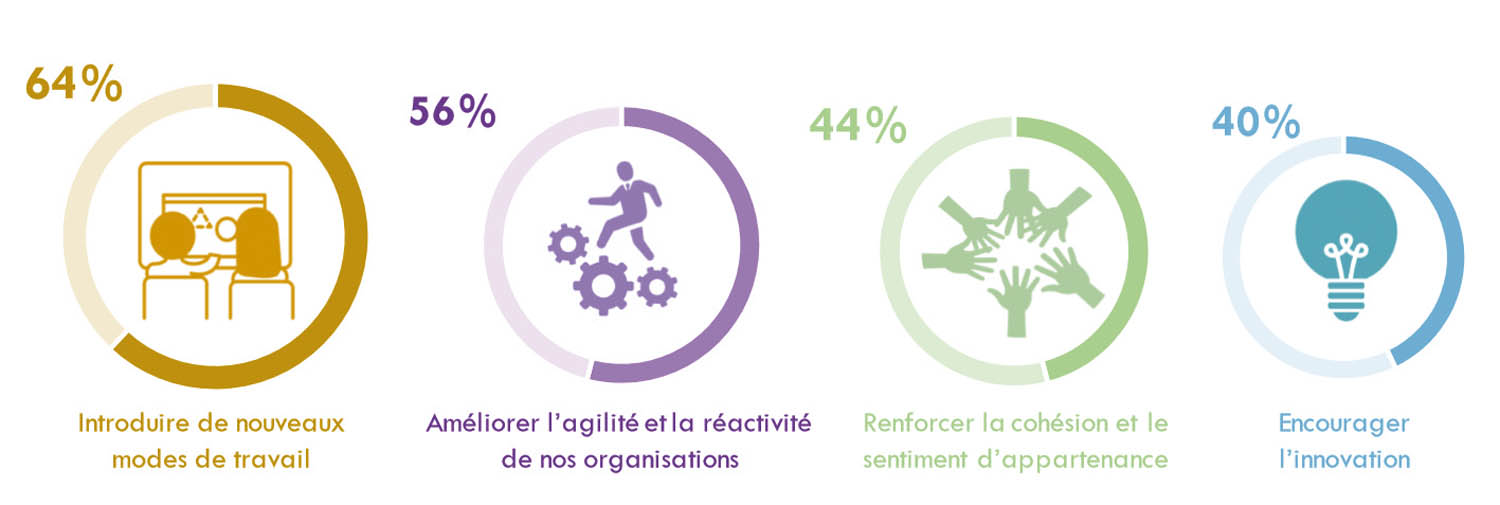 Les raisons stratégiques qui motivent la mise en place du RSE mettent l’accent sur le besoin de réinventer les modes de travail et d’organisation en privilégiant le collaboratif, mais aussi de cultiver l’implication et la motivation des employés (étude RSE-Intranet 2016 - Observatoire des Réseaux Sociaux d’Entreprises)