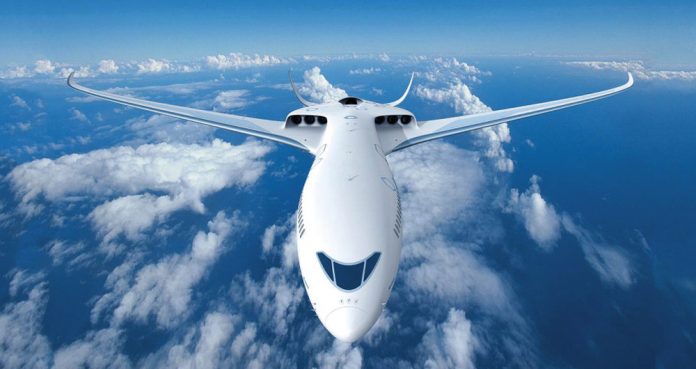 The E-Thrust concept can be described as a serial hybrid propulsion system. The E-Thrust is a “Distributed Propulsion” system that features numerous electric fans arranged in clusters along the length of each wing. A battery powers the fans, which is