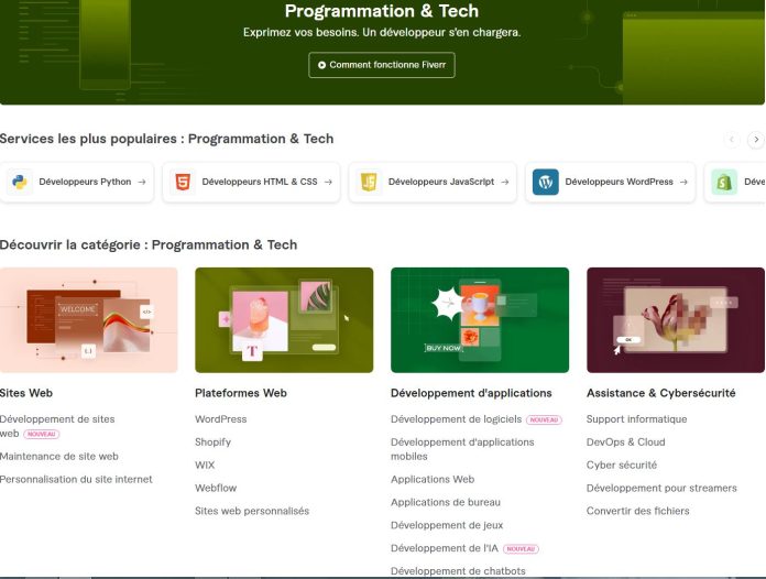 Page d'accueil des services programmation et tech sur Fiverr France. Crédit: Fiverr