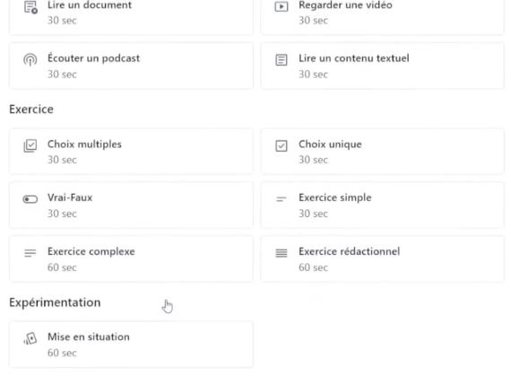 Exemples de types d’activités pédagogiques proposés par l'assistant pédagogique d'edtake.