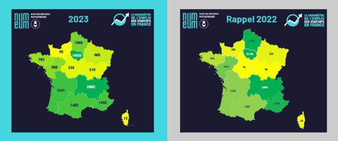 Créations nettes d'emplois par les startsups par région en 2023, comparées à 2022. Source: Numeum